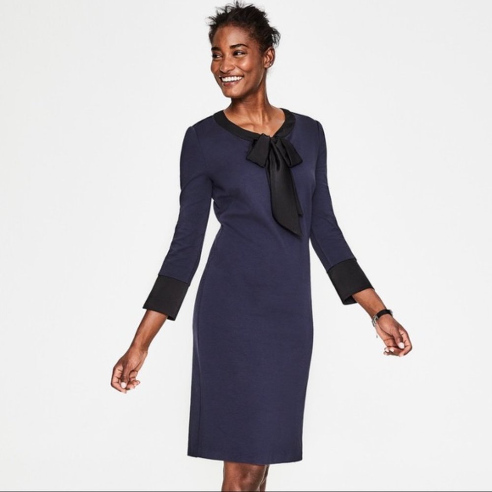 BODEN navy and black Josie satin trim knit ponte dress